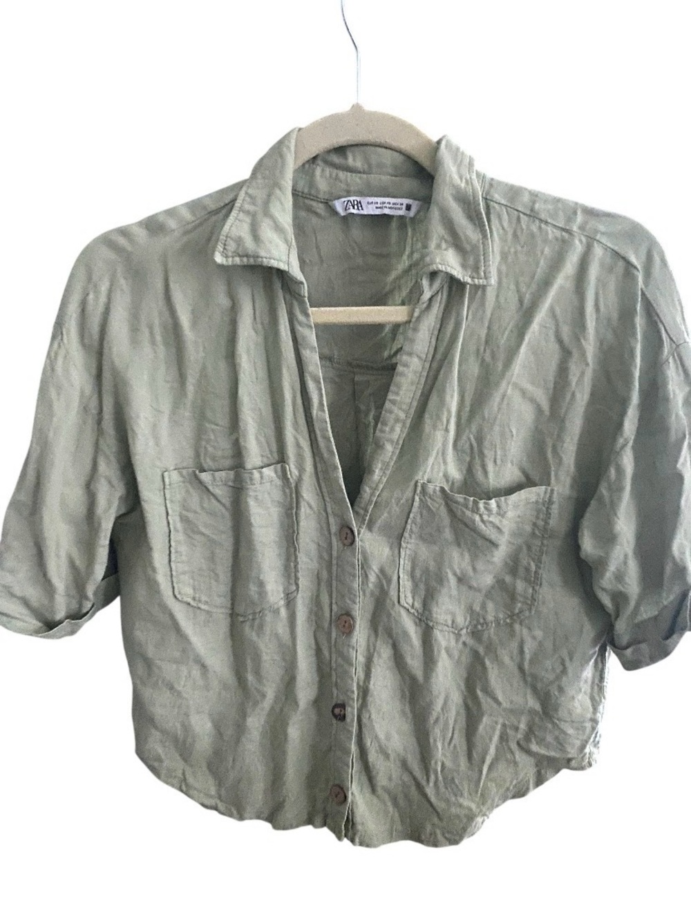 Zara Sage Green Short-Sleeve Button-Down Shirt